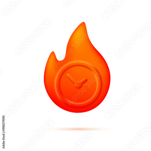 Fire flames with a clock with hands inside in a minimalist cartoon style. Limited time concept. Vector 3D illustration.