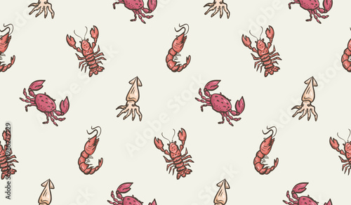 Seafood doodle background. Sea life pattern background. Marine creatures seamless pattern. Underwater animals hand drawn wallpaper containing lobster, crab, fish, and squid.