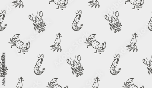 Seafood doodle background. Sea life pattern background. Marine creatures seamless pattern. Underwater animals hand drawn wallpaper containing lobster, crab, fish, and squid.