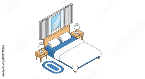 An isometric view of a large double bed with crisp blue bedding is flanked by two wooden nightstands with lamps under a window with white hanging curtains.
