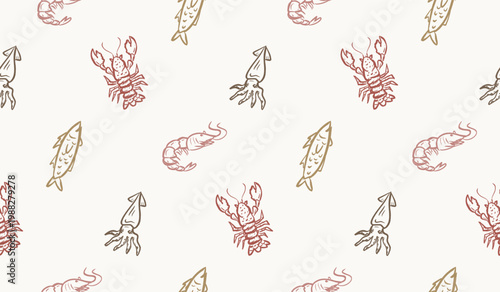 Seafood doodle background. Sea life pattern background. Marine creatures seamless pattern. Underwater animals hand drawn wallpaper containing lobster, crab, fish, and squid.
