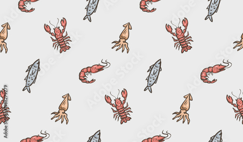 Seafood doodle background. Sea life pattern background. Marine creatures seamless pattern. Underwater animals hand drawn wallpaper containing lobster, crab, fish, and squid.