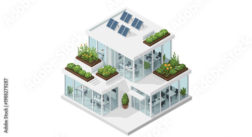 A contemporary multi-level office building features expansive glass walls and lush rooftop gardens alongside several blue solar panels for clean energy.