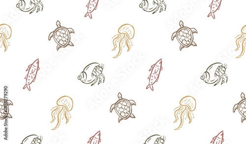 Ocean animals doodle background. Sea life pattern background. Marine creatures seamless pattern. Underwater animals hand drawn wallpaper containing turtle, jellyfish, fish, snail
