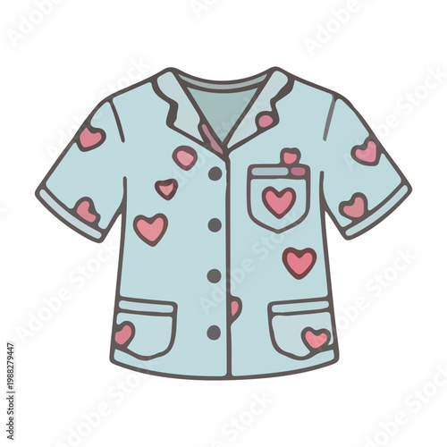 Cute Blue Short Sleeve Pajama Shirt with Pink Heart Pattern