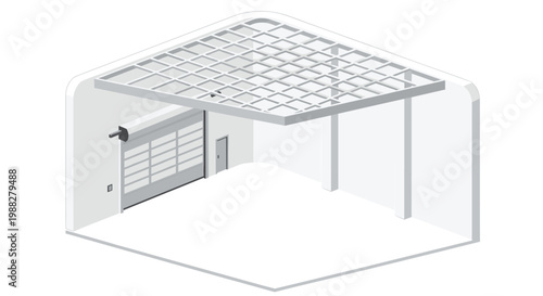 A clean and empty isometric industrial hangar space features a white minimalist interior with a grey overhead ceiling grid and a closed rolling door.