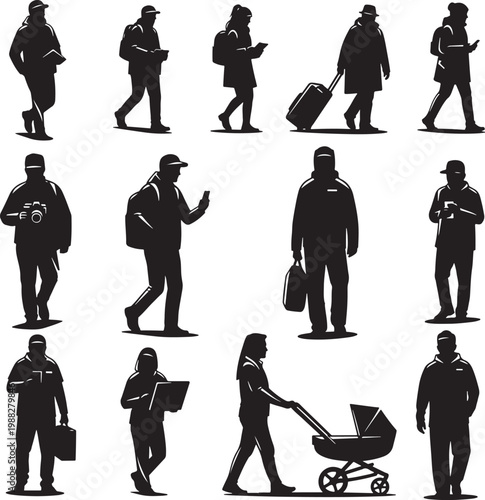 Black silhouette people vector set, diverse walking pedestrians and travelers collection, urban crowd figures with luggage and strollers for city maps