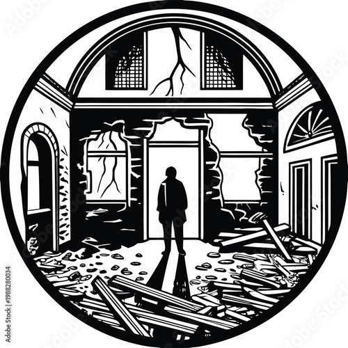 Abandoned Building, Ruin, Black and White, Vector Illustration, Destruction, Demolition, Silhouette