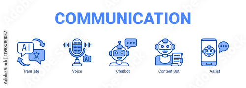  Communication web banner icon concept, with Translate , Voice , Chatbot, Content Bot.