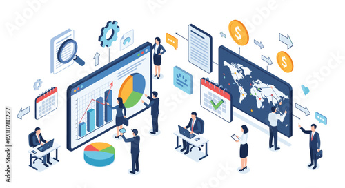 A group of corporate professionals conducts business analysis using interactive charts and a global map display within a bright and modern isometric office setting.
