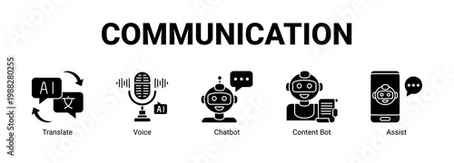  Communication web banner icon concept, with Translate , Voice , Chatbot, Content Bot.