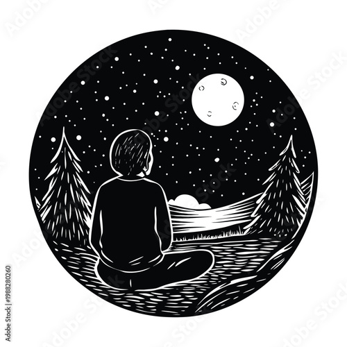 Black and white, moonlit meditation, peaceful night scene, vector silhouette
