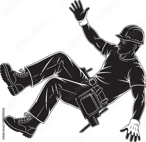 Construction worker falling silhouette, industrial safety accident vector, handyman slipping with tool belt, workplace injury risk illustration