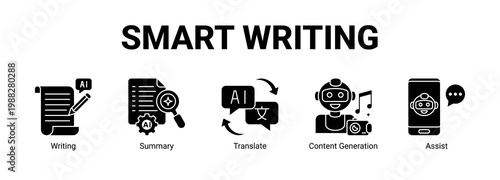 Smart Writing web banner icon concept, with Writing ,  Summary, Translate , Content Generation.