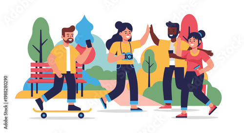 Young adults skateboarding and socializing in a lively outdoor park setting