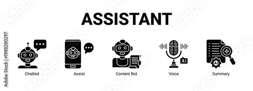  Assistant web banner icon concept, with Chatbot, Assist , Content Bot, Voice.