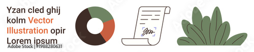 Business analytics, legal services, eco-friendly , growth, finance, and data . Pie chart, document with signature and leaves. Business analytics and legal services concept