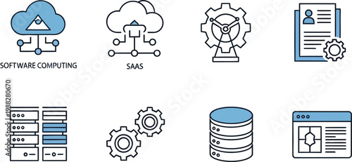 Cloud Computing and SaaS Icons: A set of clean, modern icons representing cloud computing, SaaS, data management, and related tech concepts.