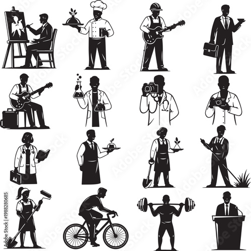 Professional occupation silhouettes set, 16 diverse career character icons, black and white worker vector illustrations for business and industry