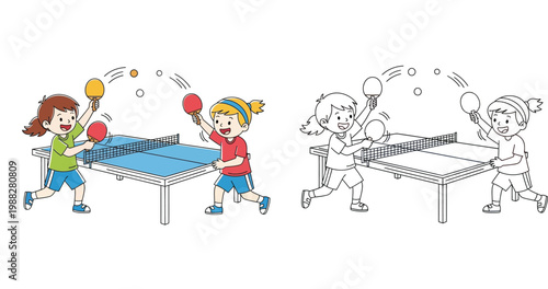 Two girls playing table tennis with paddles and ping pong ball in colored and line art style for coloring book, fun sports activity for children vector illustration