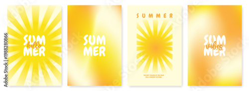 Set of modern summer posters with sun rays and lettering quotes. Bright gradients and glowing backgrounds with Hello Summer and Summer vibes text. Seasonal templates for banner, social media