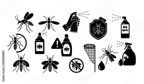 Mosquito and Insect Repellent Icon Collection with Spray, Protection Shield, Warning Symbols and Pest Control Elements for Health Safety and Bug Prevention Design
