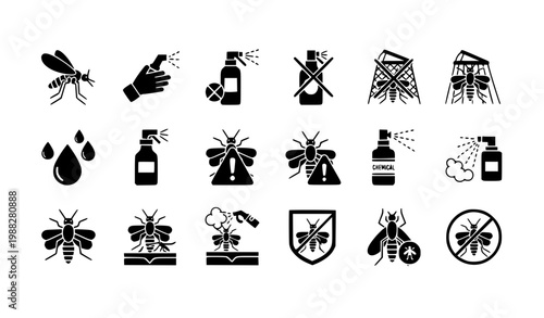 Mosquito Control and Insect Repellent Icon Set with Spray, Protection, Warning and Prevention Symbols for Pest Control Design, Health Safety and Bug Protection Concepts