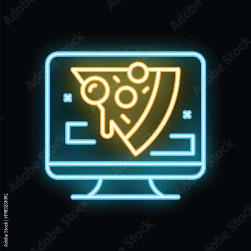 Neon sign showing a computer screen displaying a pizza slice, perfect for illustrating a food delivery app or website