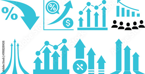 Business and finance infographic elements with charts, arrows, percentage circles and growth graphs in green and blue colors on white background, ideal for data visualization designs.