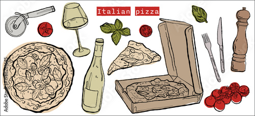 italian pizza vector set. one line hand drawn illustration with imperfect color fill. Pizza in box, slicer, tomatoes, basil, pepper mill, Silverware, wine bottle & wineglass. Editable isolated clipart