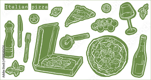Italian pizza one line stickers hand drawn vector illustrations set. Pizza in box, slicer, tomatoes, basil, pepper mill, silverware, wine bottle, wineglass. Simple, clean and isolated editable clipart