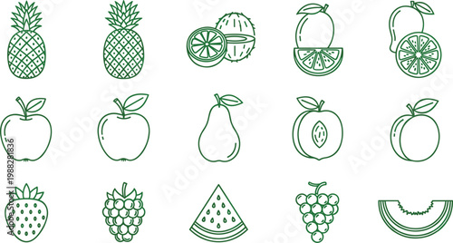 Green Outline Fruit Icon Set with Pineapple, Apple, Watermelon, Grape, and Tropical Fruits for Food and Health Designs