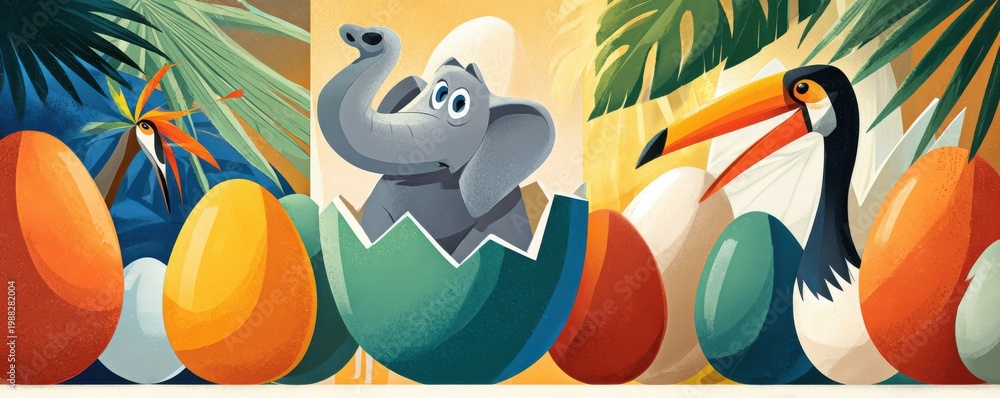 Fototapeta premium Cute elephant hatching from a teal egg among colorful tropical eggs and a toucan