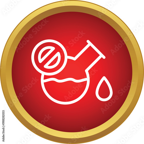 Chemical flask with liquid and a drop of liquid displaying a stop sign