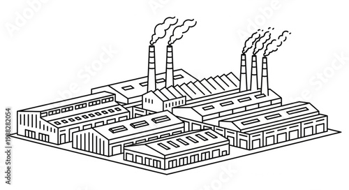Industrial Factory Building Complex with Smoke Stacks.