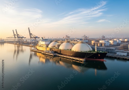 LNG Tanker Docked at Industrial Port Modern Energy Supply Concept