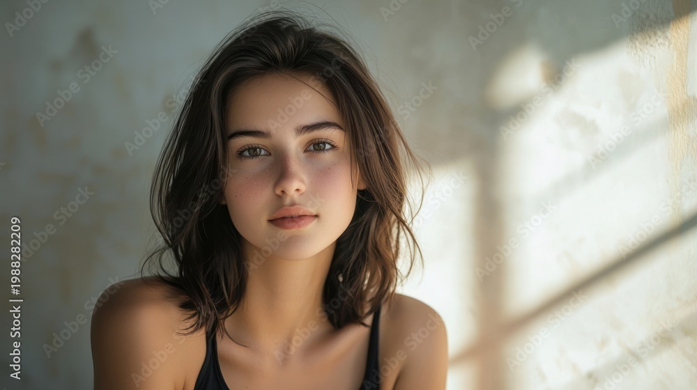 Fototapeta premium A relaxed female portrait, with natural light highlighting her features and soft background.
