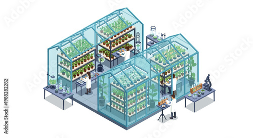 Scientists in white lab coats work diligently inside multiple glass greenhouses tending to various plants on tiered shelving units in an isometric view.
