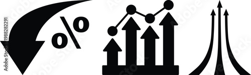 Business and finance infographic elements with charts, arrows, percentage circles and growth graphs in green and blue colors on white background, ideal for data visualization designs.