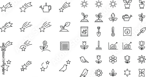 Nature and gardening doodle icon set featuring plants, flowers, birds, stars, sun, tools and growth symbols in simple outline vector style