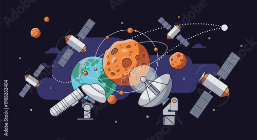 Satellites orbiting planets in space with radar dishes and antennas transmitting signals.