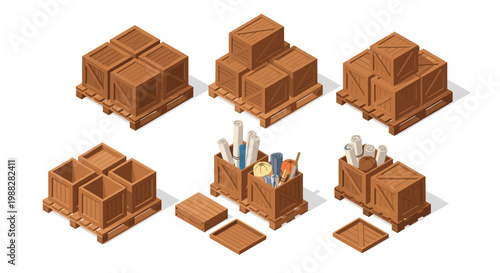 Stacked wooden crates on pallets reveal rolled blueprints and colorful fabric rolls inside some open containers in a detailed isometric illustration style.