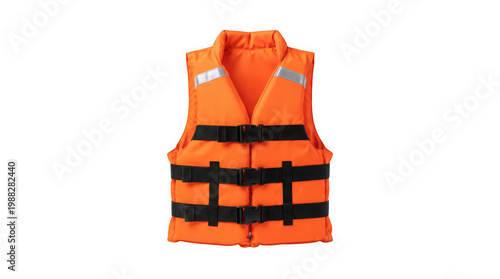 Foto Bright orange life vest isolated on black background safety equipment for water