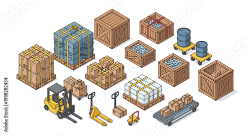 Detailed isometric warehouse equipment including a yellow forklift and manual pallet jacks handles various packed shipping containers on a white surface.