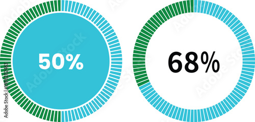 Business and finance infographic elements with charts, arrows, percentage circles and growth graphs in green and blue colors on white background, ideal for data visualization designs.