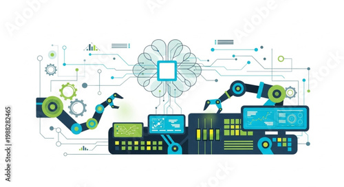 Robotic arms and AI brain in futuristic factory automation.