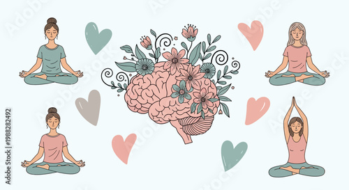 Inner Harmony: A depiction of mindfulness and mental clarity, featuring a central illustration of a brain adorned with blossoming flowers, surrounded by women in meditation.