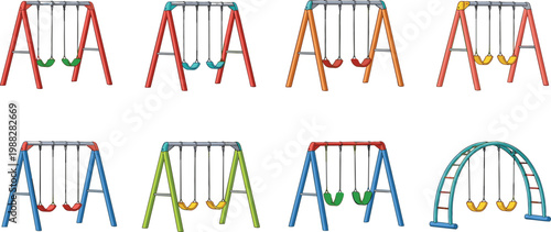 Playground Swing Set Collection with Colorful Park Equipment for Kids Recreation, Outdoor Fun, and School Design