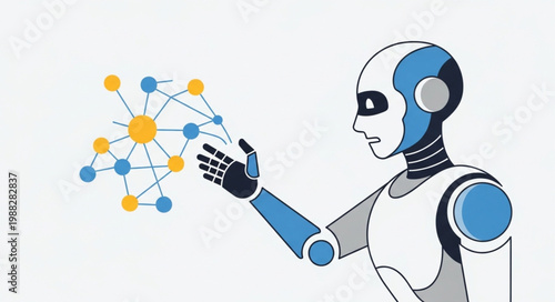 Robot interacting with a digital network of nodes and connections.