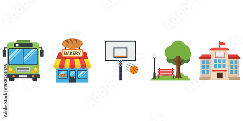 Cityscape Icons: A collection of charming, colorful icons representing elements found within a cityscape, inviting exploration. 